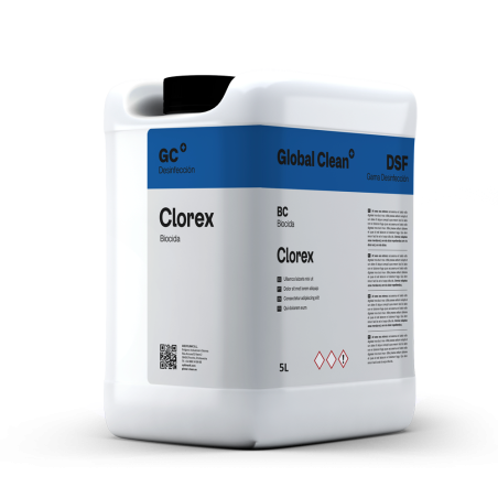 Limpiador desinfectante y viricida Clorex de la marca Global Clean en formato de 5 litros.