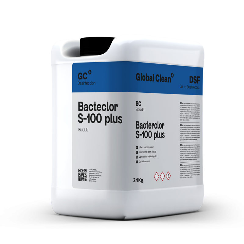 Desinfectante Alcalino Clorado Sin Espuma Baterclor S-100 plus de la marca Global Clean en formato de 24 kilos.