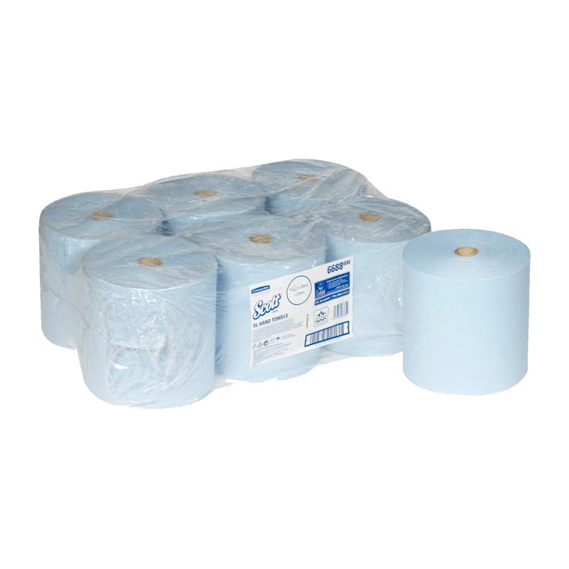 Toallas secamanos de papel azul Scott con tecnología Airflex para dispensador de bobina.