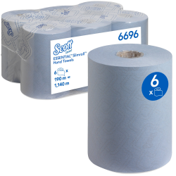 Toallas secamanos de papel azul Scott Slimroll con tecnología Airflex para dispensador de bobina.
